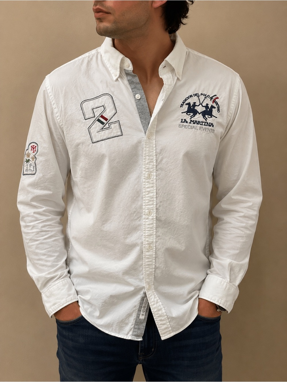 La Martina Men's White Embroidered Button-Down Shirt